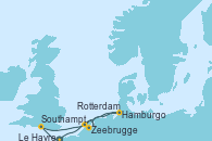 Visitando Le Havre (Francia), Southampton (Inglaterra), Hamburgo (Alemania), Zeebrugge (Bruselas), Rotterdam (Holanda), Le Havre (Francia)