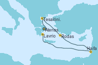 Visitando Atenas (Grecia), Tesalónica (Grecia), Esmirna (Turquía), Rodas (Grecia), Limassol (Chipre), Alejandría (Egipto), Alejandría (Egipto), Haifa (Israel), Haifa (Israel), Lavrio (Grecia)