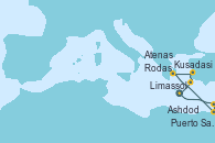 Visitando Limassol (Chipre), Rodas (Grecia), Kusadasi (Efeso/Turquía), Atenas (Grecia), Puerto Said (Egipto), Ashdod (Israel), Limassol (Chipre)