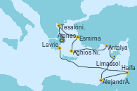 Visitando Atenas (Grecia), Tesalónica (Grecia), Esmirna (Turquía), Aghios Nikolaos (Grecia), Antalya (Turquía), Limassol (Chipre), Alejandría (Egipto), Alejandría (Egipto), Haifa (Israel), Haifa (Israel), Lavrio (Grecia)