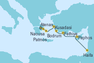 Visitando Atenas (Grecia), Naousa (Nisos Paros/Grecia), Patmos (Grecia), Kusadasi (Efeso/Turquía), Bodrum (Turquia), Fethiye (Turquía), Paphos (Chipre), Haifa (Israel)