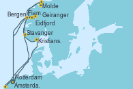 Visitando Ámsterdam (Holanda), Rotterdam (Holanda), Kristiansand (Noruega), Stavanger (Noruega), Flam (Noruega), Ámsterdam (Holanda), Eidfjord (Hardangerfjord/Noruega), Molde (Noruega), Geiranger (Noruega), Bergen (Noruega), Ámsterdam (Holanda)