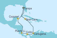 Visitando Tampa (Florida), Gran Caimán (Islas Caimán), Cartagena de Indias (Colombia), Cartagena de Indias (Colombia), Colón (Panamá), Puerto Limón (Costa Rica), Cozumel (México), Tampa (Florida)