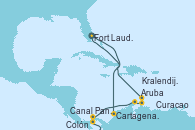 Visitando Fort Lauderdale (Florida/EEUU), Cartagena de Indias (Colombia), Canal Panamá, Colón (Panamá), Aruba (Antillas), Curacao (Antillas), Kralendijk (Antillas), Fort Lauderdale (Florida/EEUU)