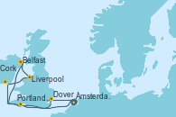 Visitando Ámsterdam (Holanda), Dover (Inglaterra), Portland, Dorset (Reino Unido), Cork (Irlanda), Cork (Irlanda), Liverpool (Reino Unido), Belfast (Irlanda), Ámsterdam (Holanda)
