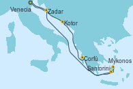 Visitando Trieste (Italia), Kotor (Montenegro), Corfú (Grecia), Santorini (Grecia), Mykonos (Grecia), Zadar (Croacia), Trieste (Italia)