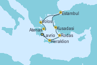 Visitando Lavrio (Grecia), Heraklion (Creta), Rodas (Grecia), Kusadasi (Efeso/Turquía), Estambul (Turquía), Estambul (Turquía), Volos (Grecia), Atenas (Grecia)