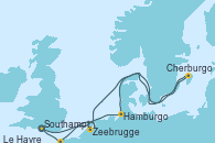 Visitando Southampton (Inglaterra), Hamburgo (Alemania), Cherburgo (Francia), Zeebrugge (Bruselas), Le Havre (Francia), Southampton (Inglaterra)