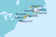 Visitando Nueva York (Estados Unidos), Bar Harbor (Maine), Portland (Maine/Estados Unidos), Saint John (New Brunswick/Canadá), Sydney (Nueva Escocia/Canadá), Charlottetown (Canadá), Saguenay (Canadá), Quebec (Canadá)