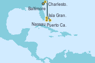 Visitando Baltimore (Maryland), Charleston (Carolina del Sur), Puerto Cañaveral (Florida), Isla Gran Bahama (Florida/EEUU), Nassau (Bahamas), Baltimore (Maryland)