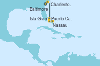Visitando Baltimore (Maryland), Charleston (Carolina del Sur), Puerto Cañaveral (Florida), Nassau (Bahamas), Isla Gran Bahama (Florida/EEUU), Baltimore (Maryland)