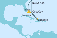 Visitando Nueva Jersey (Estados Unidos), Puerto Cañaveral (Florida), Nassau (Bahamas), CocoCay (Bahamas), Labadee (Haiti), Nueva Jersey (Estados Unidos)
