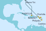 Visitando Nueva York (Estados Unidos), Puerto Plata, Republica Dominicana, Charlotte Amalie (St. Thomas), Philipsburg (St. Maarten), Castries (Santa Lucía/Caribe), Basseterre (Antillas), Nueva York (Estados Unidos)