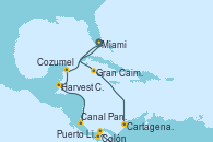 Visitando Miami (Florida/EEUU), Gran Caimán (Islas Caimán), Cartagena de Indias (Colombia), Canal Panamá, Colón (Panamá), Puerto Limón (Costa Rica), Harvest Caye (Belize), Cozumel (México), Miami (Florida/EEUU)