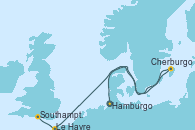 Visitando Hamburgo (Alemania), Cherburgo (Francia), Le Havre (Francia), Le Havre (Francia), Southampton (Inglaterra)