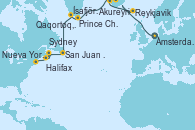 Visitando Ámsterdam (Holanda), Akureyri (Islandia), Akureyri (Islandia), Reykjavik (Islandia), Ísafjörður (Islandia), Prince Christian Sound (Groenlandia), Qaqortoq, Greeland, San Juan de Terranova (Canadá), Halifax (Canadá), Sydney (Nueva Escocia/Canadá), Nueva York (Estados Unidos)
