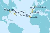 Visitando Southampton (Inglaterra), Vigo (España), Lisboa (Portugal), Arrecife (Lanzarote/España), Santa Cruz de Tenerife (España), Kings Wharf (Bermudas), Kings Wharf (Bermudas), Nueva York (Estados Unidos)