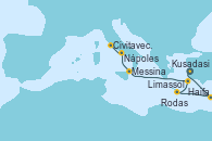 Visitando Kusadasi (Efeso/Turquía), Haifa (Israel), Limassol (Chipre), Rodas (Grecia), Messina (Sicilia), Nápoles (Italia), Civitavecchia (Roma)