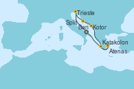 Visitando Bari (Italia), Trieste (Italia), Split (Croacia), Kotor (Montenegro), Katakolon (Olimpia/Grecia), Atenas (Grecia), Bari (Italia)
