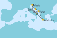 Visitando Bari (Italia), Trieste (Italia), Split (Croacia), Kotor (Montenegro), Katakolon (Olimpia/Grecia), Bari (Italia)