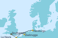 Visitando Southampton (Inglaterra), Hamburgo (Alemania), Zeebrugge (Bruselas), Le Havre (Francia), Southampton (Inglaterra)