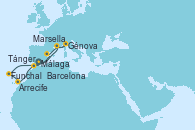 Visitando Málaga, Marsella (Francia), Génova (Italia), Barcelona, Funchal (Madeira), Arrecife (Lanzarote/España), Tánger (Marruecos), Málaga