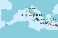 Visitando Haifa (Israel), Limassol (Chipre), Rodas (Grecia), Messina (Sicilia), Nápoles (Italia), Civitavecchia (Roma), Génova (Italia)