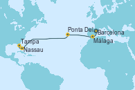 Visitando Barcelona, Málaga, Ponta Delgada (Azores), Nassau (Bahamas), Tampa (Florida)