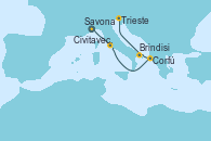 Visitando Savona (Italia), Civitavecchia (Roma), Corfú (Grecia), Brindisi (Italia), Trieste (Italia)