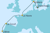 Visitando Copenhague (Dinamarca), Kristiansand (Noruega), Le Havre (Francia), La Coruña (Galicia/España), Lisboa (Portugal)