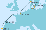 Visitando Kiel (Alemania), Copenhague (Dinamarca), Kristiansand (Noruega), Le Havre (Francia), La Coruña (Galicia/España), Lisboa (Portugal)
