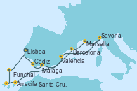 Visitando Lisboa (Portugal), Cádiz (España), Málaga, Barcelona, Marsella (Francia), Savona (Italia), Valencia, Arrecife (Lanzarote/España), Santa Cruz de Tenerife (España), Funchal (Madeira), Lisboa (Portugal)