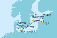 Visitando Copenhague (Dinamarca), Estocolmo (Suecia), Tallin (Estonia), Riga (Letonia), Riga (Letonia), Visby (Suecia), Warnemunde (Alemania), Aarhus (Dinamarca), Copenhague (Dinamarca)