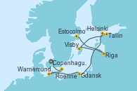 Visitando Copenhague (Dinamarca), Roenne (Dinamarca), Warnemunde (Alemania), Gdansk (Polonia), Tallin (Estonia), Helsinki (Finlandia), Visby (Suecia), Riga (Letonia), Estocolmo (Suecia)