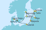 Visitando Copenhague (Dinamarca), Aarhus (Dinamarca), Gdansk (Polonia), Klaipeda (Lituania), Helsinki (Finlandia), Tallin (Estonia), Riga (Letonia), Estocolmo (Suecia), Visby (Suecia), Copenhague (Dinamarca)