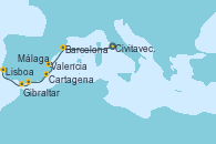 Visitando Civitavecchia (Roma), Barcelona, Valencia, Cartagena (Murcia), Málaga, Gibraltar (Inglaterra), Lisboa (Portugal), Lisboa (Portugal)