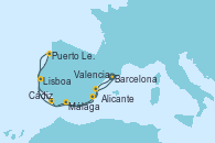Visitando Barcelona, Málaga, Cádiz (España), Puerto Leixões (Portugal), Lisboa (Portugal), Alicante (España), Valencia, Barcelona
