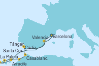 Visitando Barcelona, Arrecife (Lanzarote/España), Santa Cruz de Tenerife (España), La Palma (Islas Canarias/España), Casablanca (Marruecos), Tánger (Marruecos), Cádiz (España), Valencia, Barcelona