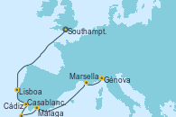 Visitando Southampton (Inglaterra), Lisboa (Portugal), Cádiz (España), Casablanca (Marruecos), Málaga, Marsella (Francia), Génova (Italia)