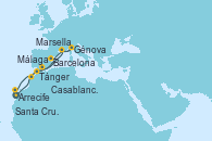Visitando Arrecife (Lanzarote/España), Tánger (Marruecos), Málaga, Marsella (Francia), Génova (Italia), Barcelona, Casablanca (Marruecos), Santa Cruz de Tenerife (España)