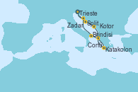 Visitando Trieste (Italia), Split (Croacia), Kotor (Montenegro), Katakolon (Olimpia/Grecia), Corfú (Grecia), Brindisi (Italia), Zadar (Croacia), Trieste (Italia)