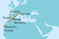 Visitando Santa Cruz de Tenerife (España), Arrecife (Lanzarote/España), Málaga, Marsella (Francia), Génova (Italia), Barcelona, Tánger (Marruecos), Santa Cruz de Tenerife (España)