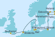 Visitando Estocolmo (Suecia), Tallin (Estonia), Helsinki (Finlandia), Mariehamn (Finlandia), Gdansk (Polonia), Gdansk (Polonia), Warnemunde (Alemania), Kiel (Alemania), Ámsterdam (Holanda), Ámsterdam (Holanda), Southampton (Inglaterra)