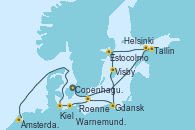 Visitando Copenhague (Dinamarca), Tallin (Estonia), Helsinki (Finlandia), Estocolmo (Suecia), Estocolmo (Suecia), Visby (Suecia), Gdansk (Polonia), Roenne (Dinamarca), Warnemunde (Alemania), Kiel (Alemania), Ámsterdam (Holanda), Ámsterdam (Holanda)