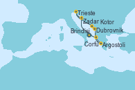 Visitando Brindisi (Italia), Zadar (Croacia), Trieste (Italia), Dubrovnik (Croacia), Kotor (Montenegro), Argostoli (Grecia), Corfú (Grecia), Brindisi (Italia)