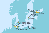Visitando Copenhague (Dinamarca), Warnemunde (Alemania), Tallin (Estonia), Nynashamn (Suecia), Helsinki (Finlandia), Visby (Suecia), Gdynia (Polonia), Kiel (Alemania), Copenhague (Dinamarca)