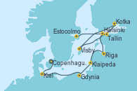 Visitando Copenhague (Dinamarca), Kiel (Alemania), Gdynia (Polonia), Klaipeda (Lituania), Riga (Letonia), Helsinki (Finlandia), Kotka (Finlandia), Visby (Suecia), Tallin (Estonia), Estocolmo (Suecia)
