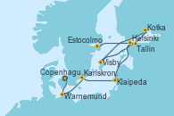 Visitando Copenhague (Dinamarca), Warnemunde (Alemania), Karlskrona (Suecia), Klaipeda (Lituania), Helsinki (Finlandia), Kotka (Finlandia), Visby (Suecia), Tallin (Estonia), Estocolmo (Suecia)
