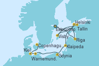 Visitando Estocolmo (Suecia), Riga (Letonia), Helsinki (Finlandia), Helsinki (Finlandia), Visby (Suecia), Tallin (Estonia), Klaipeda (Lituania), Gdynia (Polonia), Warnemunde (Alemania), Kiel (Alemania), Copenhague (Dinamarca)