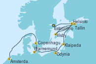 Visitando Estocolmo (Suecia), Helsinki (Finlandia), Helsinki (Finlandia), Visby (Suecia), Tallin (Estonia), Klaipeda (Lituania), Gdynia (Polonia), Warnemunde (Alemania), Copenhague (Dinamarca), Ámsterdam (Holanda)